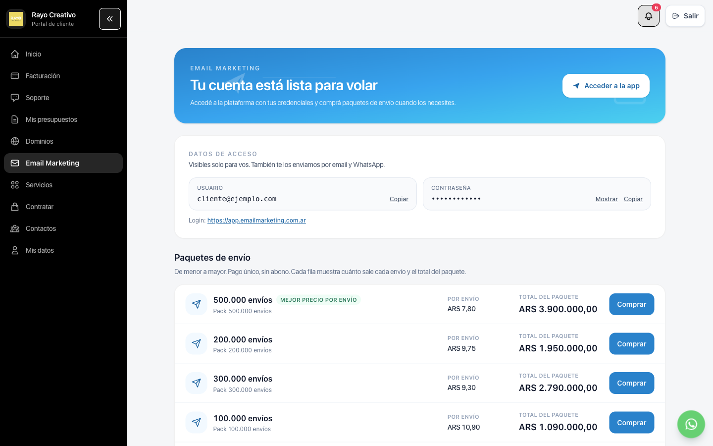 Listado de paquetes de envío con el botón Comprar