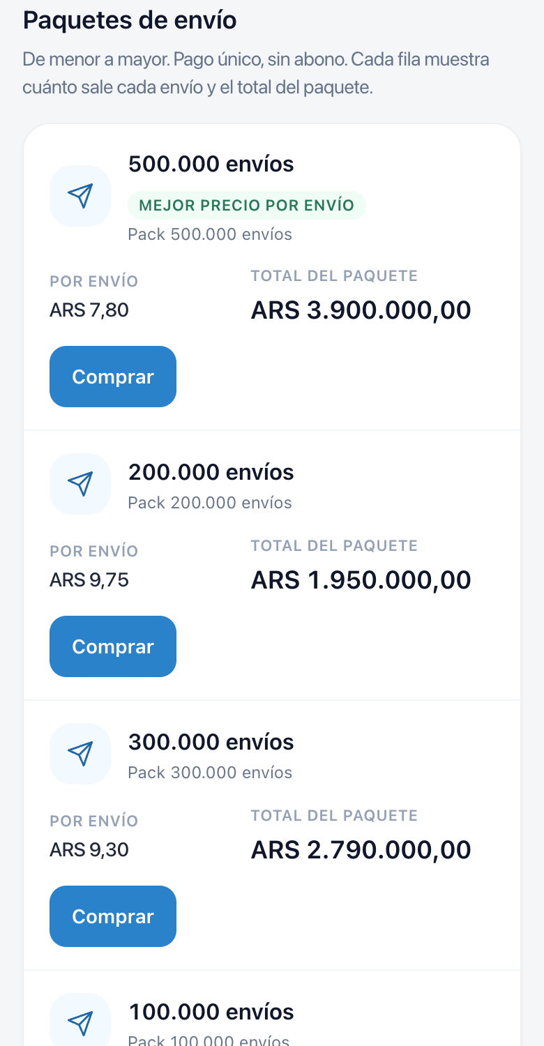 Paquetes de envío en el celular, con precio y botón Comprar